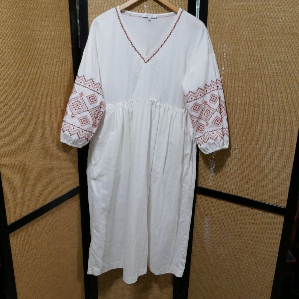 Madewell Embroidered Sleeve Popover Midi Boho Dress Small Linen Cotton Blend
